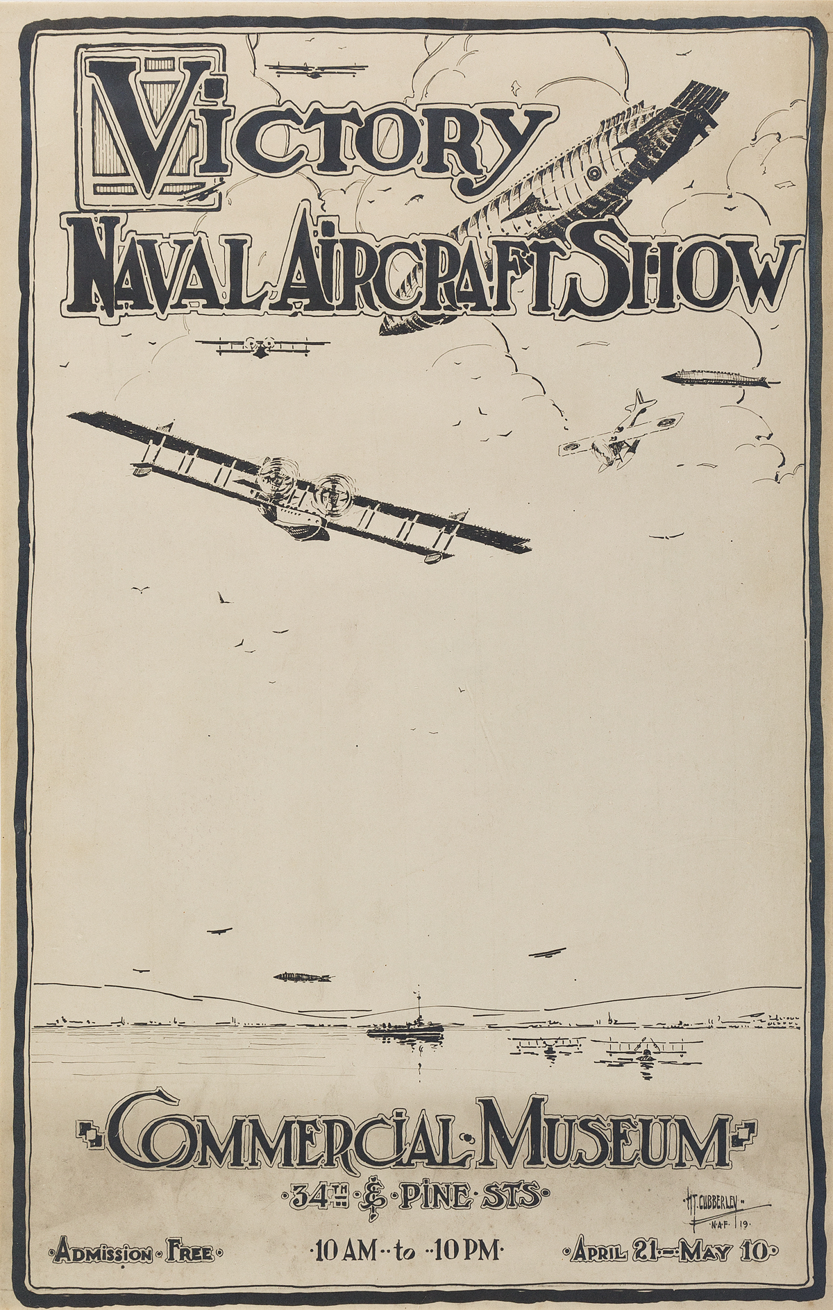 H.T. CUBBERLEY (DATES UNKNOWN). VICTORY NAVAL AVIATION SHOW / COMMERCIAL MUSEUM. Small format poster. 1919. 17x11 inches, 45x28 cm.